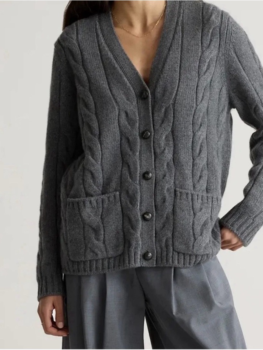 NEW QUINCE LUXE BABY CASHMERE CABLE CARDIGAN HEATHER PEWTER SIZE XS (OVERSIZED)